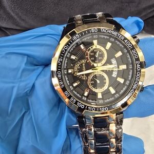 NWT! Gold/Black Chronograph-Style Watch with Tachymeter Bezel